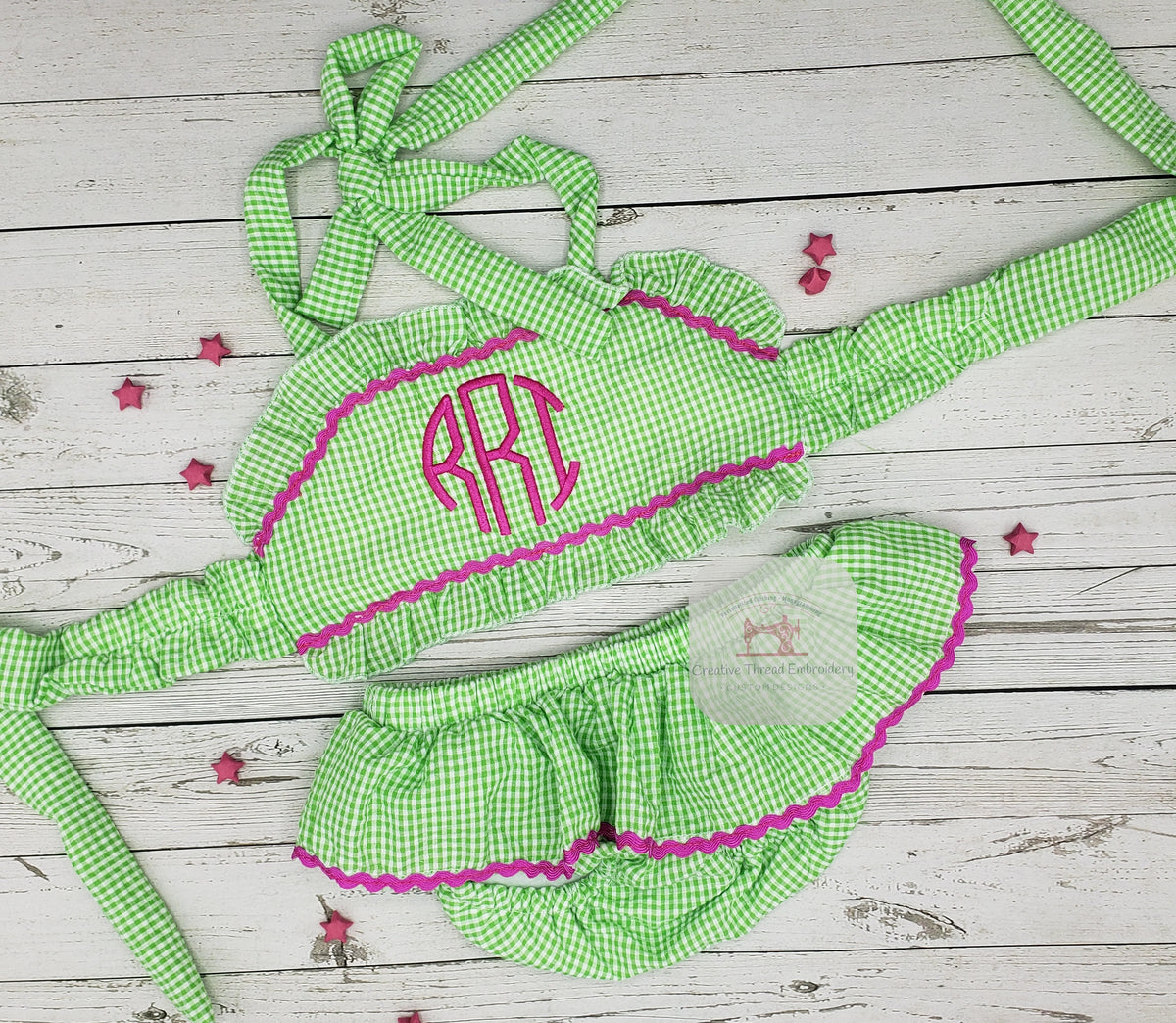 Green/Pink Monogrammed Swimsuit (Two-Piece)